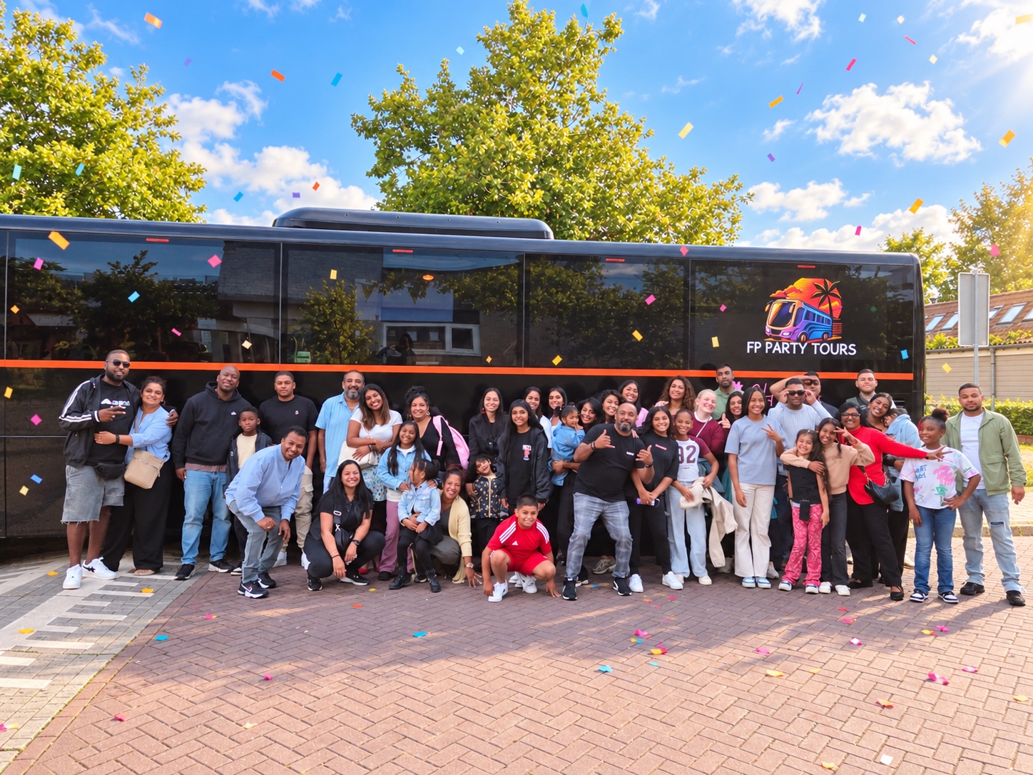 Groep reizigers voor de FP Party Tours bus