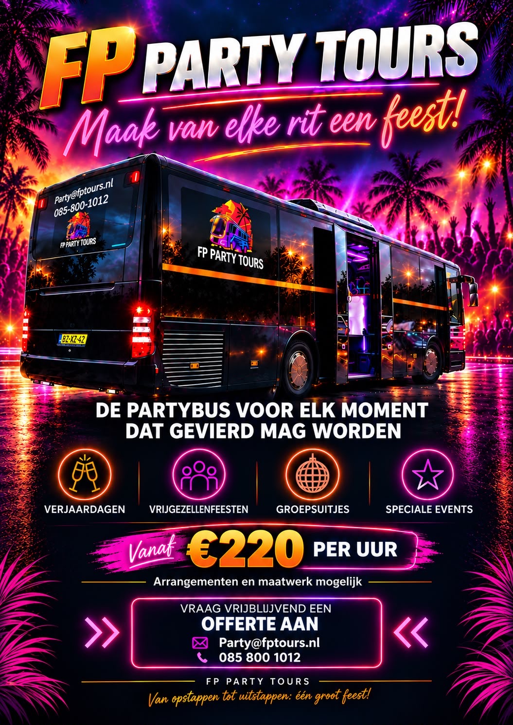 FP Party Tours flyer, vanaf €220 per uur